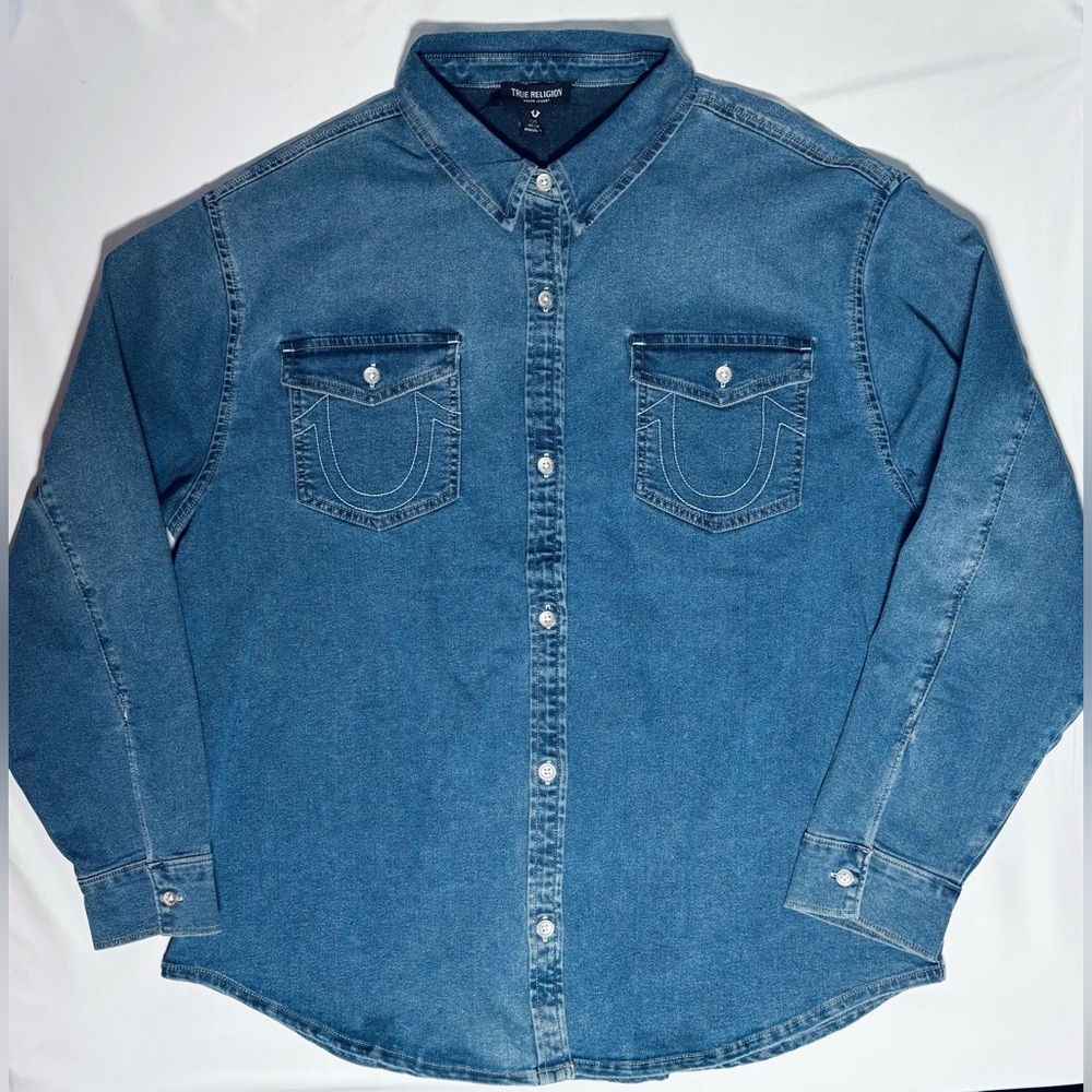 True Religion Oversized Denim Button Down Crystal Detail Women's Large NWT $109